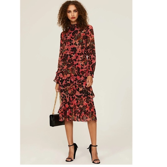 SALONI Dresses & Skirts - Saloni Laurel Isa Floral Ruffle 100% Silk Midi Dress